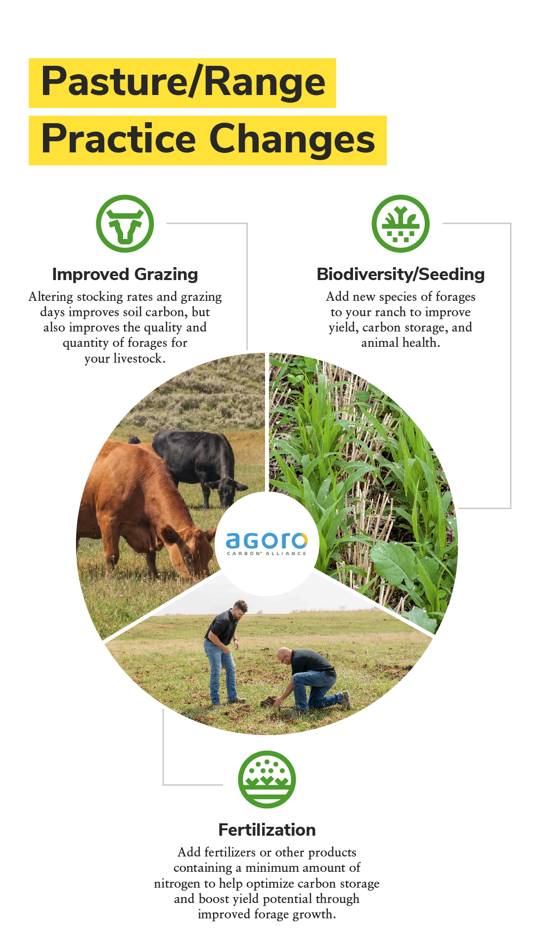 Pasture/range carbon capture practice change infographic - improved grazing, biodiversity/seeding, and fertilization