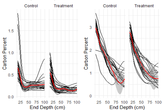 Line charts of soil carbon percent by sampling depth, comparing control and treatment fields at two sites